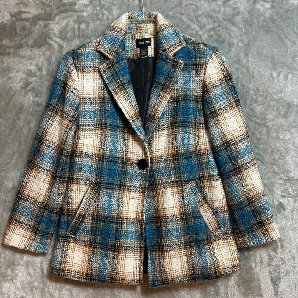 Focus 2000 Women Blue Brown Plaid Single Button Blazer Jacket Size 6 Wool Blend